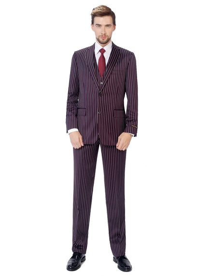 Men’s Plum Eggplant Pinstripe 3 Piece Suit – Burgundy Purple Formal Suit  Gangster 1920s Mafia Pimp Suit