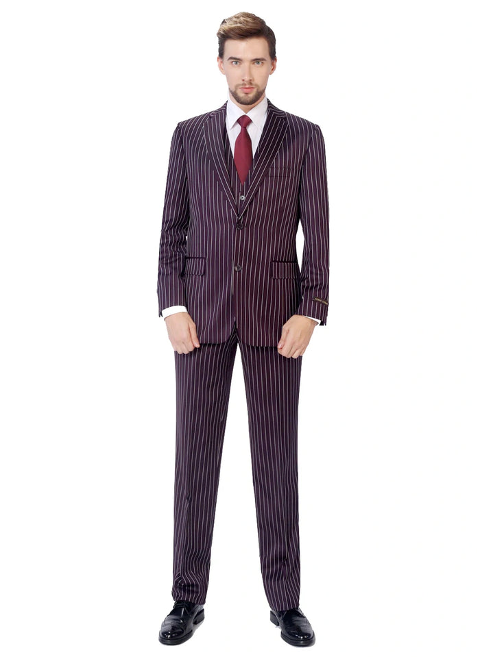 Men’s Plum Eggplant Pinstripe 3 Piece Suit – Burgundy Purple Formal Suit  Gangster 1920s Mafia Pimp Suit