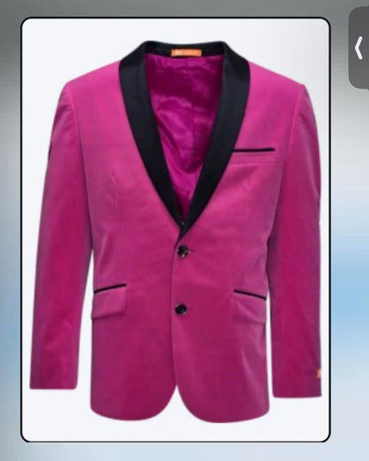 Men’s Fuchsia Tuxedo Blazer with Black Satin Lapel – Stylish Party and Wedding Jacket in Hot Pink Color with Black Pants