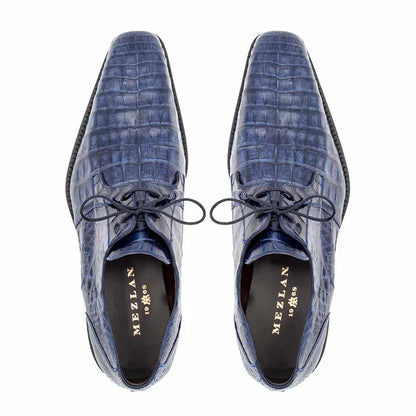 Mezlan Blue Crocodile Alligator Embossed Leather Dress Shoes for Men – Luxury Lace Up Oxford Shoes – Blue Exotic Pattern Formal