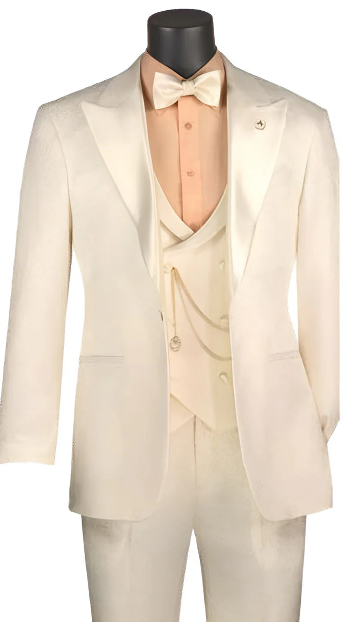 Vinci Men’s Ivory Three Piece Suit – Ivory 3PC Formal Wedding Suit for Groom, Prom and Black Tie Events