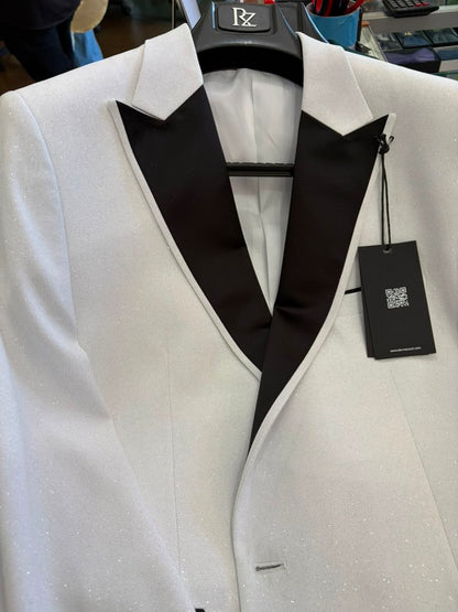 Men's White Sparkle Dinner Jacket – Black Satin Shawl Lapel Tuxedo Blazer   Slim Fit Sequin Shiny Prom Jacket