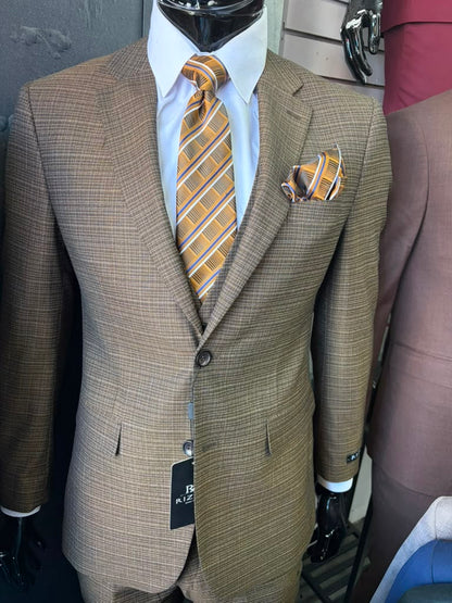 Men's Great Gatsby Brown Checker Plaid Texture 3-Piece Suit – Classic Fit Business, Wedding & Formal Suit Set - Victorian style 1920s