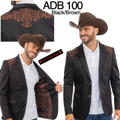Men’s Black & Brown Western Blazer – Cowboy Sport Coat with Brown Embroidered Shoulder & Back Design