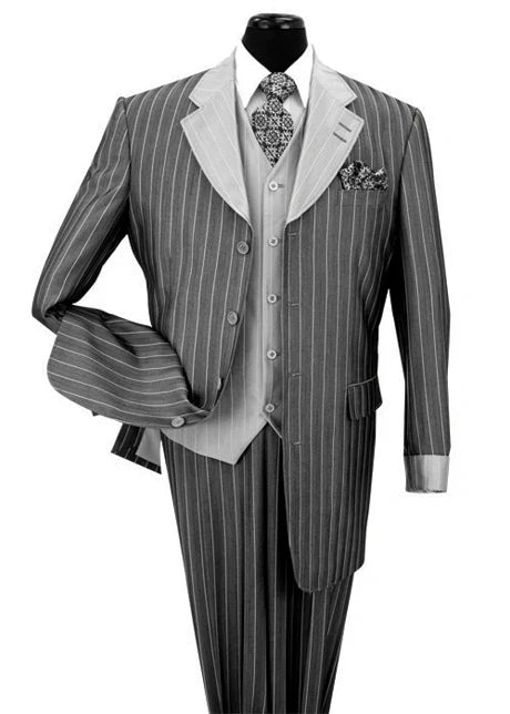 Men’s Grey Pinstripe 1920s Gangster 3 Piece Suit, Contrast Lapel Vintage Formal Suit for Parties, Prom, Weddings, and Theme Events