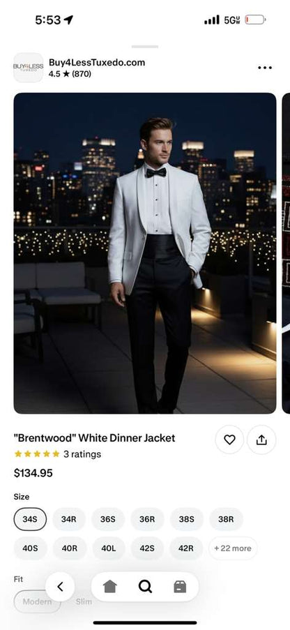 Men's White Dinner Jacket Tuxedo Blazer with Black Satin Shawl Lapel  With Black Tuxedo Pants