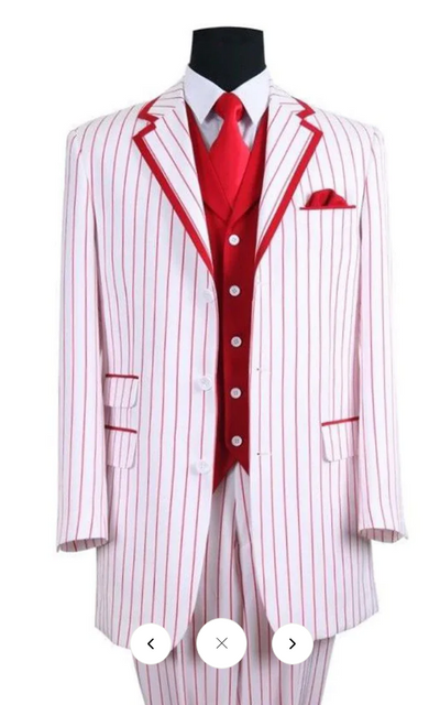 Men’s 1920s White and Red Pinstripe Zoot Suit with Fedora Hat and Wingtip Shoes – Vintage Gangster 3-Piece New Year Holiday Christmas Suit 1   - from alligatorwarehouse.com