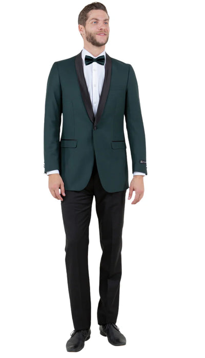 Men’s Green Tuxedo Suit – Slim Fit Jacket with Black Satin Shawl Lapel and Black Pants in Hunter Green 11   - from alligatorwarehouse.com