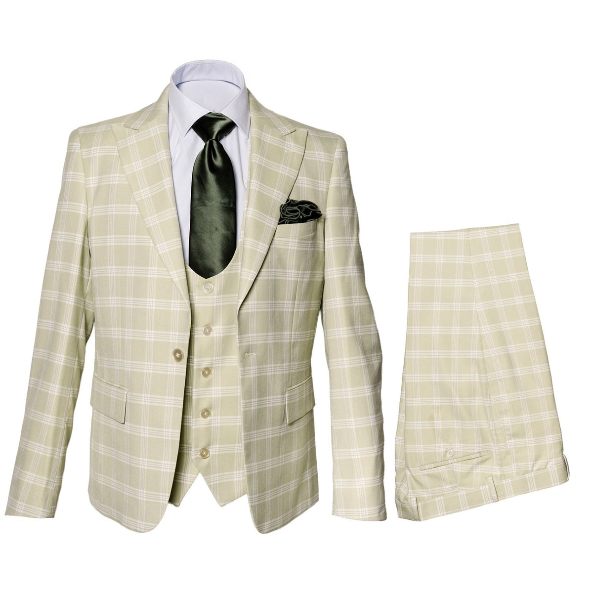 Men’s Light Beige Check 3-Piece Suit Set – Premium Tailored Fit Formal Wedding and Spring Event Suit Light Tan Sand Color By Rossiman