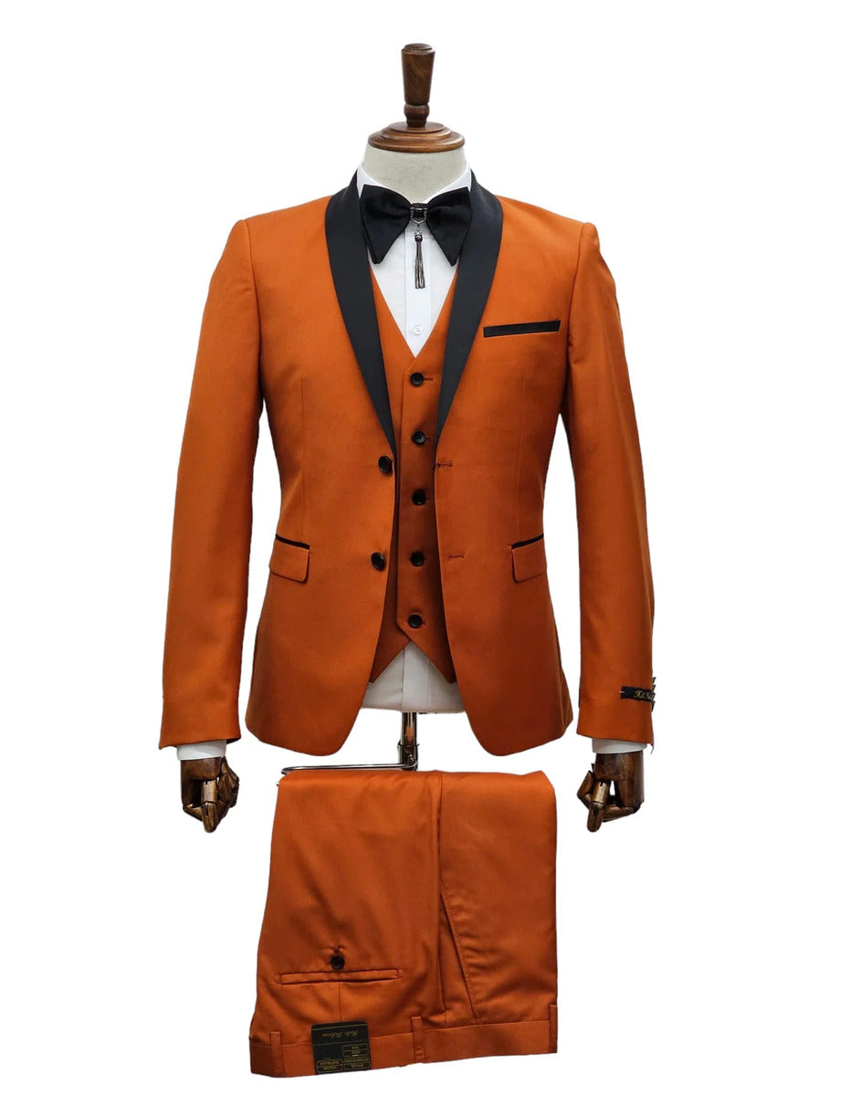 Men's Burnt Orange Tuxedo Suit ƒ?? 3-Piece Slim Fit with Black Satin Shawl Lapel