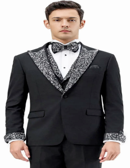 Mens Black and White Lapel Tuxedo Suit – Black Formal Tuxedo with White Pattern Lapel for Wedding, Prom and Evening Events