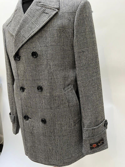 Mens Grey Plaid Double-Breasted Overcoat with Black Faux Fur Collar – Classic Winter Peacoat 7   - from alligatorwarehouse.com