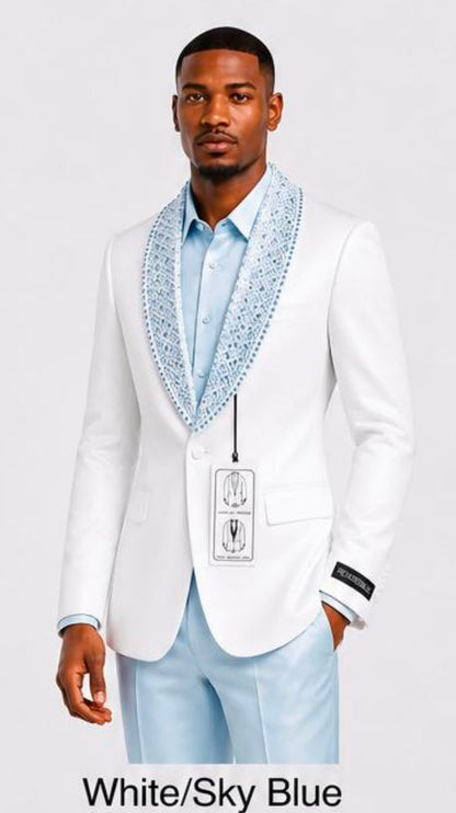 Men’s White & Sky Blue Tuxedo Suit with Embellished Shawl Lapel – Prom & Wedding in light baby poweder blue color