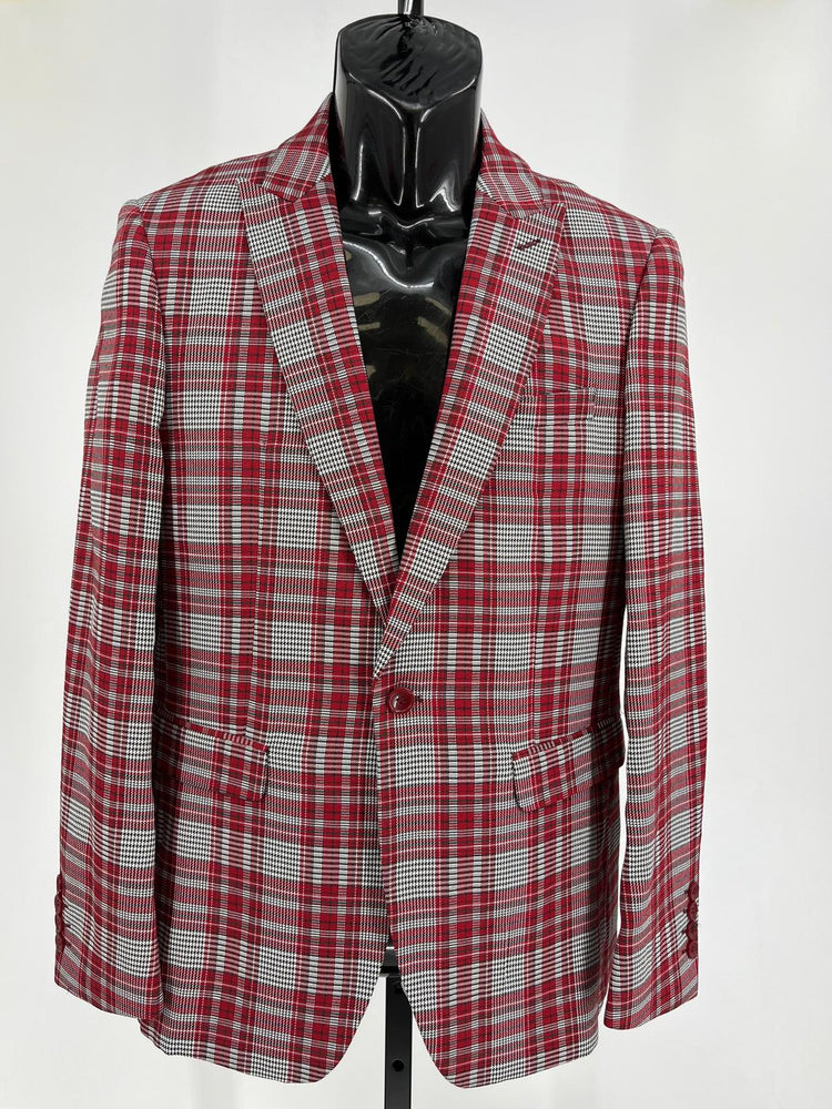 Men's Red Tartan Plaid Blazer Checkered Sport Coat Holiday New Year Gray Windowpane