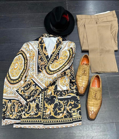 Men’s Black and Gold Baroque Blazer with Matching Pants, Hat, and Shoes – Luxury Party and Wedding Outfit Set 4   - from alligatorwarehouse.com