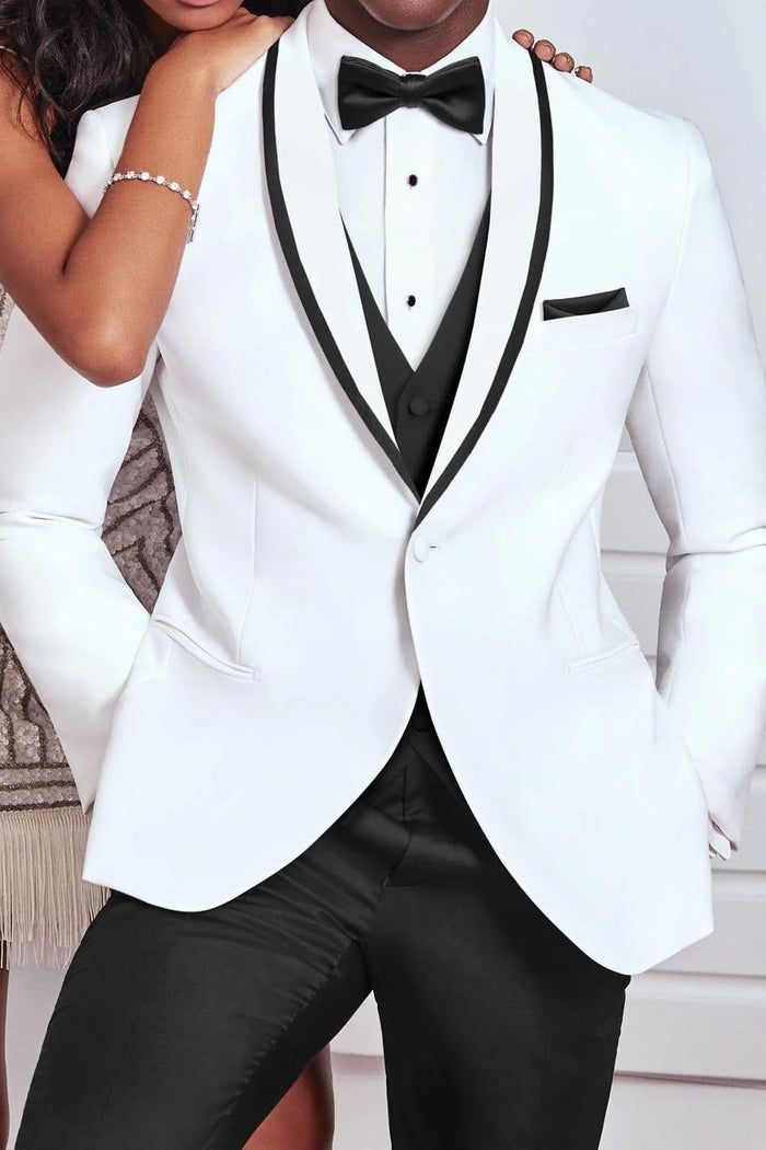 Men’s White Tuxedo Jacket – Black Trim Shawl Lapel Formal Dinner Blazer for Weddings, Prom Wedding Blazer Modern fit