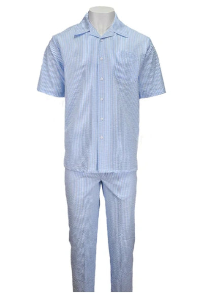 Mens Light Blue Seersucker Walking Suit Set – Casual Summer Short Sleeve Outfit with Matching Pants Lightweight Two Piece Set