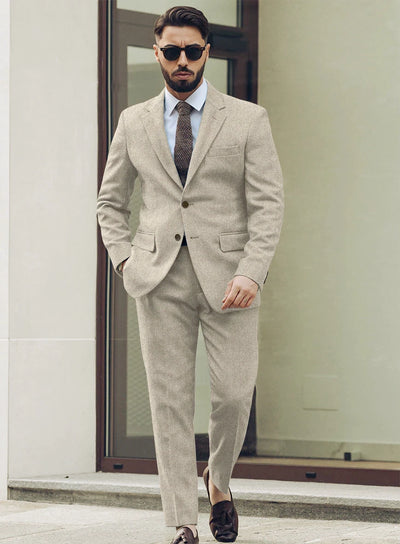 Men’s Light Tan Tweed Suit – Classic Beige Two Piece Suit, Herringbone Formal Wear, Vintage Style Business & Wedding Outfit for Men