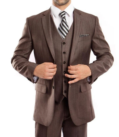 Men’s Brown Sharkskin 3 Piece Suit – Textured Two Button Vested Business Formal Suit for Wedding, Party Wear Vested