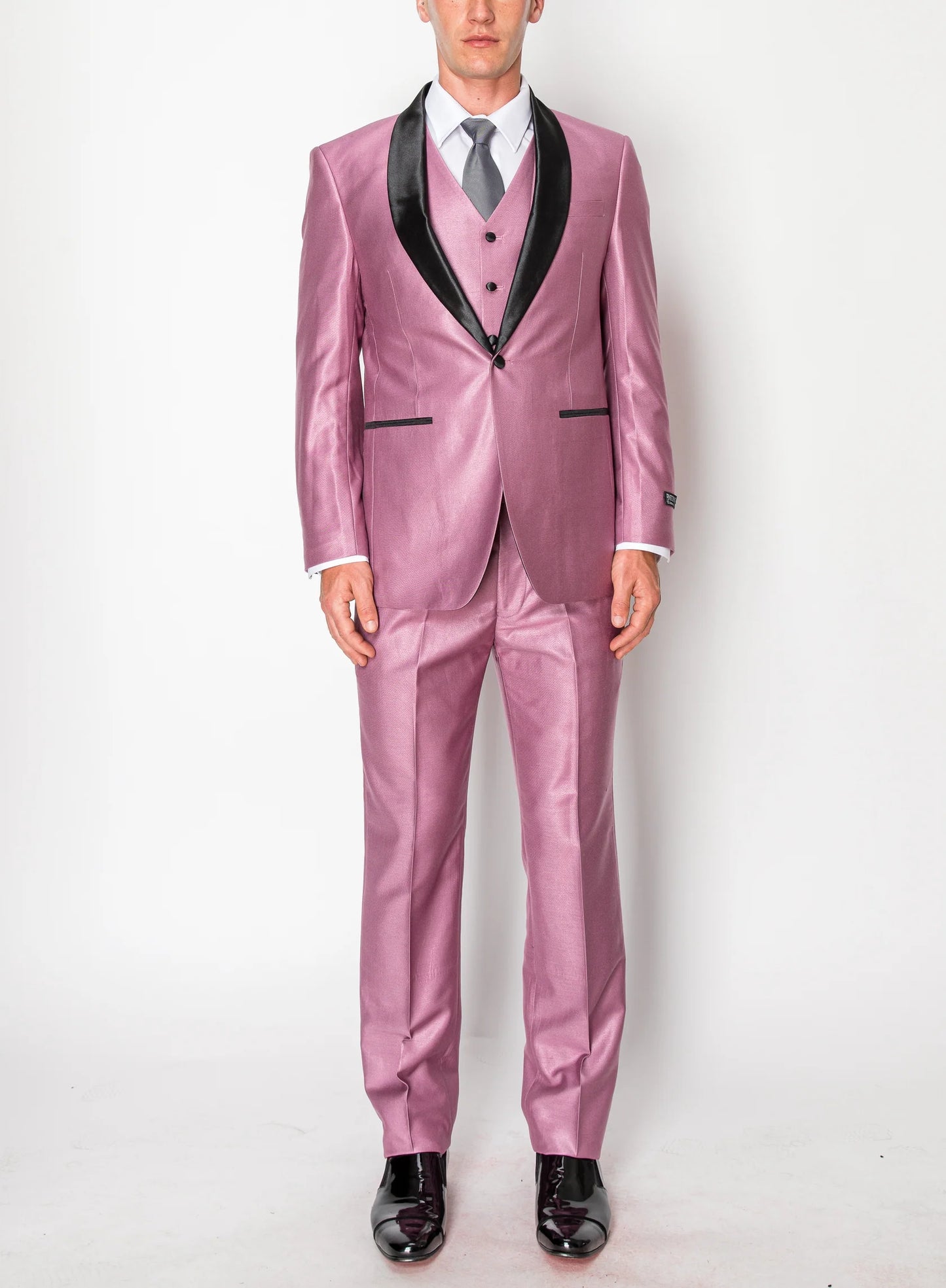 Men’s Shiny Pink Tuxedo Dinner Jacket with Black Pants – Shawl Lapel Formal Tuxedo