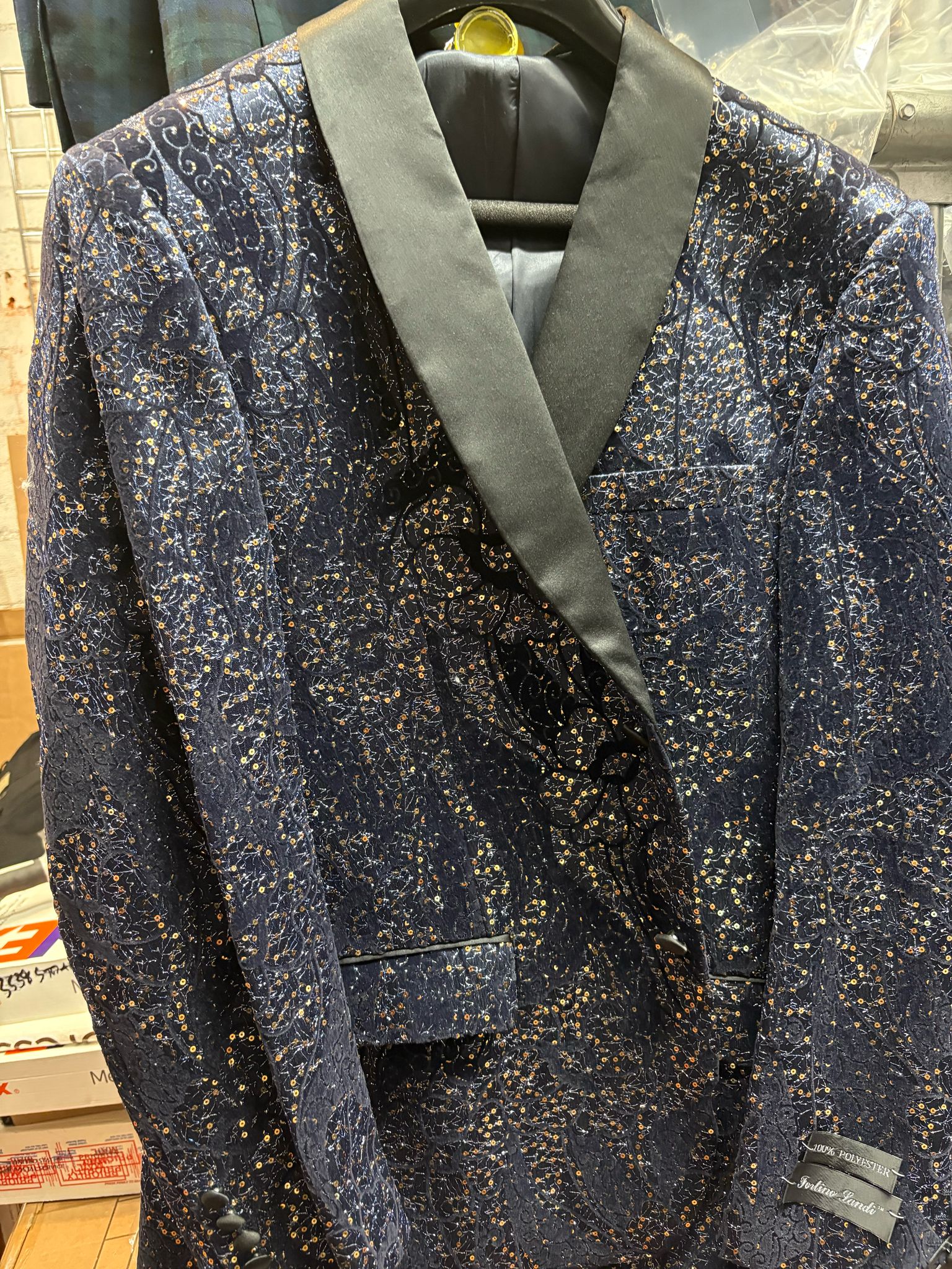 Men’s Navy Blue Sequin Tuxedo Jacket with Black Satin Shawl Lapel – Luxury Prom and Wedding Blazer 7   - from alligatorwarehouse.com