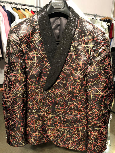 Men’s Black Shiny Designer Blazer with Red and Gold Pattern – Luxury Party & Wedding Jacket 7   - from alligatorwarehouse.com