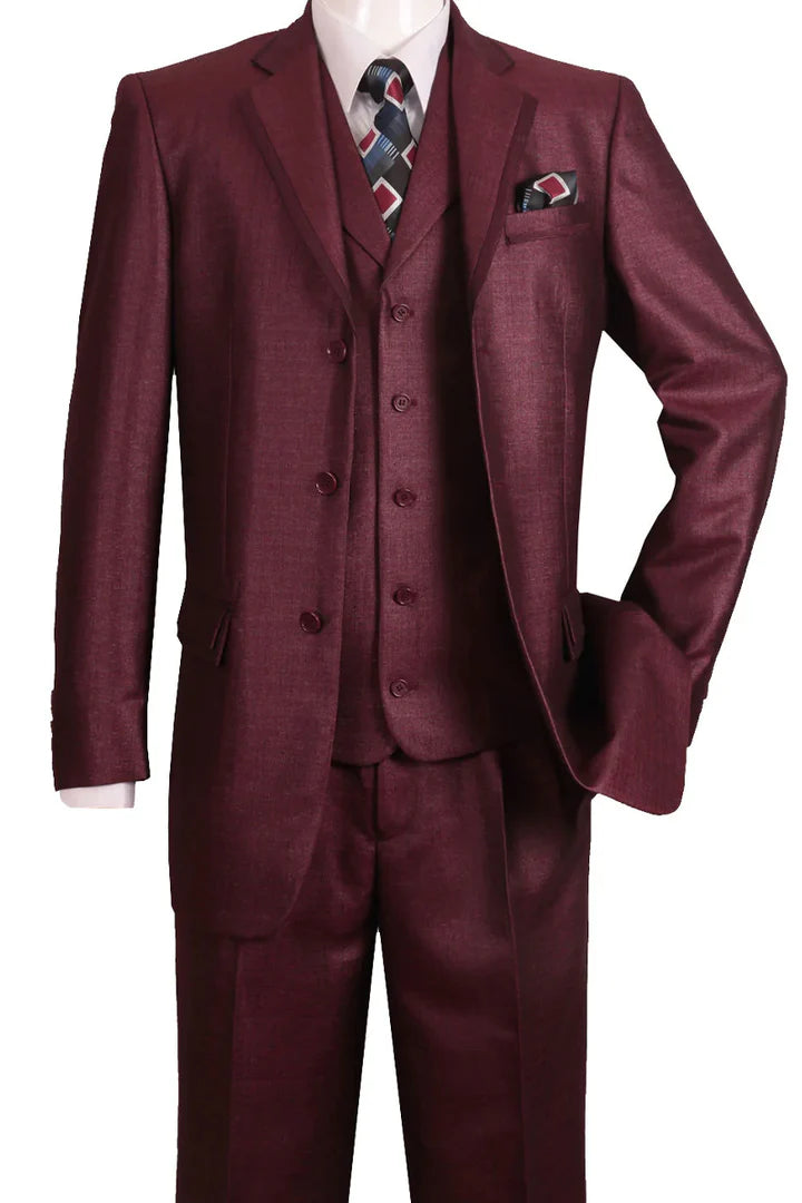 Men’s Burgundy 3-Piece Suit – Burgundy Three Buttons Vested Suit - Pleated Pants Classic Fit Athletic Cut