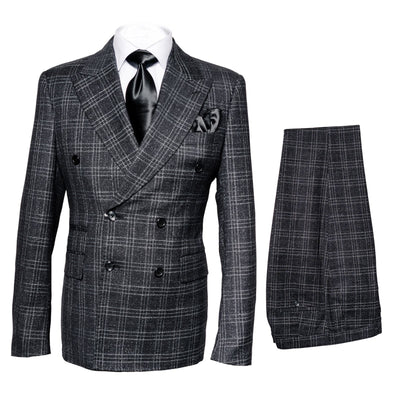 Men’s Charcoal Plaid Double-Breasted Suit –  Tailored Pants Windowpane Pattern By Rossiman 7   - from alligatorwarehouse.com