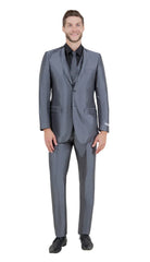Men’s Dark Grey Shiny Two-Piece Suit – Slim Fitted Formal Jacket and Tailored Pants - Sateen Metalic in Charcoal Gray Color