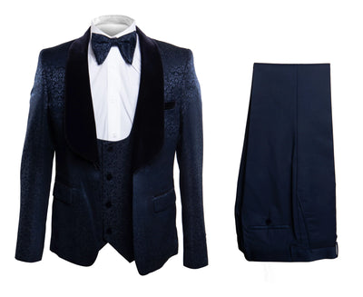Men’s Navy Blue Jacquard Tuxedo with Black Velvet Shawl Lapel – 3 Piece Formal Suit with Bow Tie 2   - from alligatorwarehouse.com