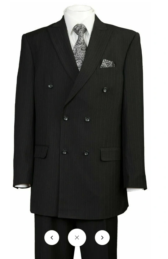 Men’s Black Pinstripe Double Breasted Suit – Peak Lapel Classic Fit Formal Business Conservative settle stripe