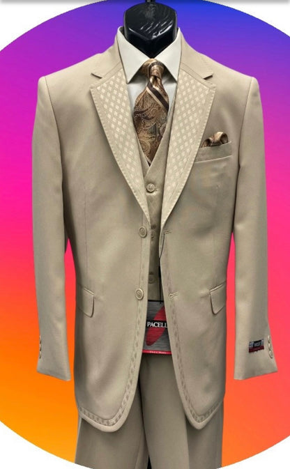 Men’s Tan Beige 3 Piece Tuxedo Suit – Beige Formal Suit Set with Vest, Patterned Lapel and Tie for Wedding, Prom in Tan Khaki Color