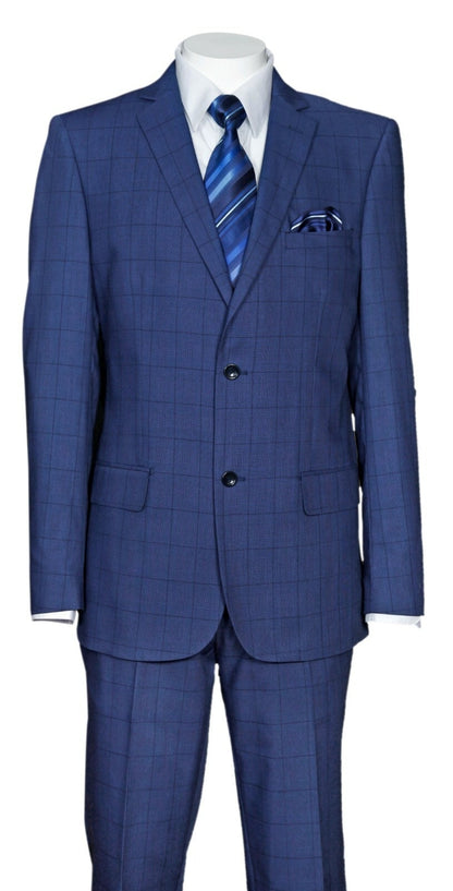 Mens Indigo Navy Blue Windowpane Check Suit – Classic 2-Piece Formal Business and Wedding Wear Set in Cobalt Blue