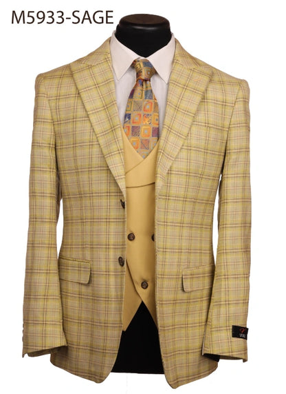 Vitali Men’s Sage Beige Tan Plaid 3 Piece Suit, Check Pattern Formal Dress Suit for Weddings, Prom, Business Events, Modern Fit Light Yellow Color