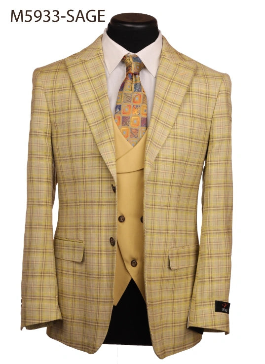 Vitali Men’s Sage Beige Tan Plaid 3 Piece Suit, Check Pattern Formal Dress Suit for Weddings, Prom, Business Events, Modern Fit Light Yellow Color