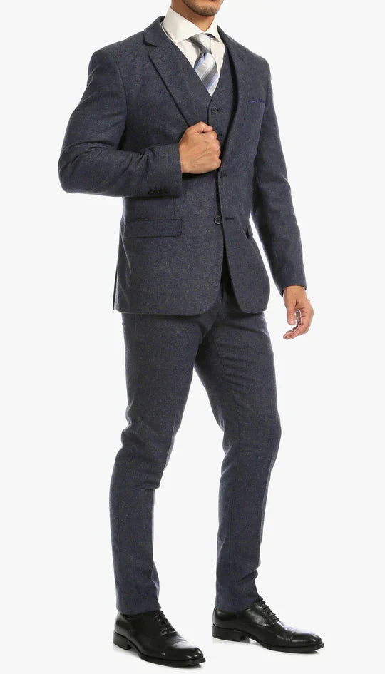 Men’s Navy Blue Herringbone Tweed  1920s 3 Piece Suit with Overcoat – Vintage Peaky Blinder Style Formal Suit Set with Blazer, Waistcoat + Overcoat + Hat