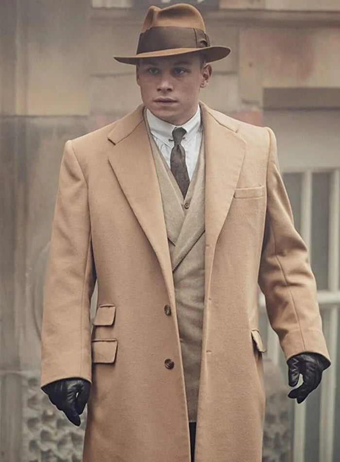 Men’s Cashmere & Wool Camel Beige Long Overcoat – Peaky Blinders Style Vintage Formal Coat + Suit + Hat Package