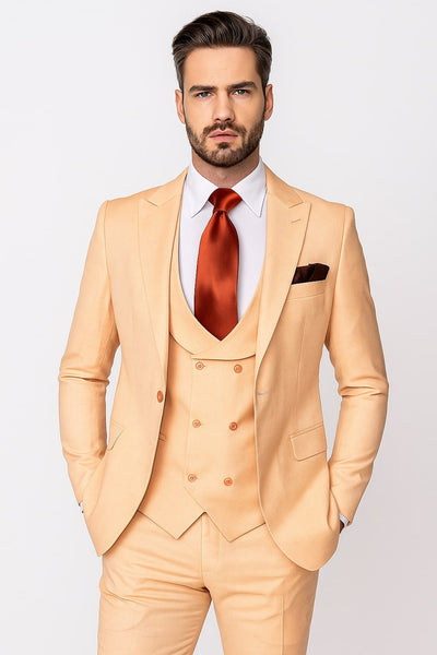 Mens Peach 3-Piece Suit – Double-Breasted Vest, Notch Lapel Blazer, Slim Fit Dress Pants 1   - from alligatorwarehouse.com