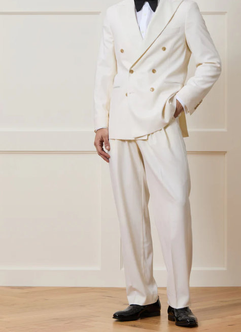 Men’s Ivory Double-Breasted Tuxedo – Gold Button Wedding, Prom and Formal Suit