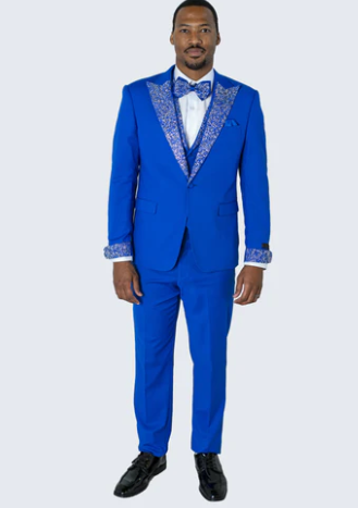 Men’s Bright Royal Blue and White lapel  Embellished Tuxedo Suit –  3-Piece Formal Wedding, Prom, and Gala Outfit 2   - from alligatorwarehouse.com