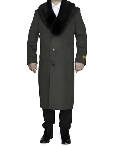 Mens Full Length Olive Overcoat with Black Fur Collar – Luxury Wool Fabric Winter Long Coat in Hunter Green 7   - from alligatorwarehouse.com