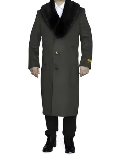 Mens Full Length Olive Overcoat with Black Fur Collar – Luxury Wool Fabric Winter Long Coat in Hunter Green