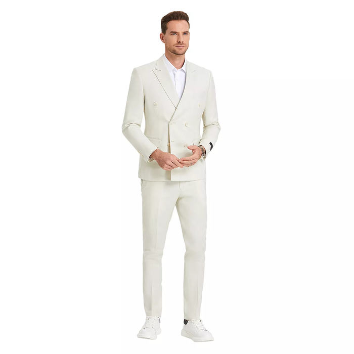 Men’s Ivory Cream Double Breasted Linen Suit – Off-White Summer Wedding Slim Fitted 2-Piece Suit Cream Color