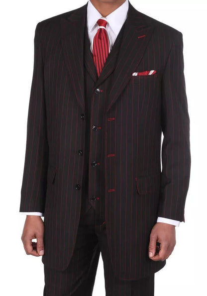 Mens Black and Red Pinstripe Zoot Suit – 1920s Gangster Vintage 3-Piece Suit for Formal, Prom, and Themed Events