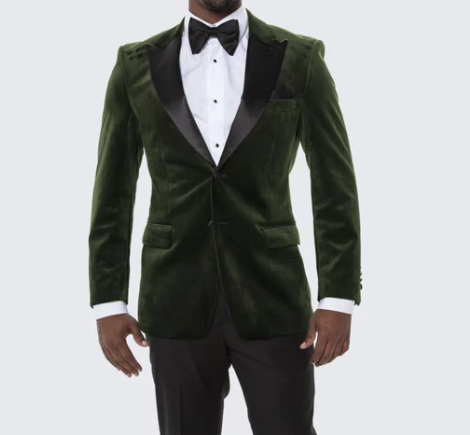 Men’s Olive Green Velvet Tuxedo Dinner Jacket – Black Satin Peak Lapel Formal Prom Wedding Blazer