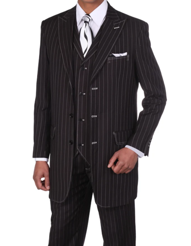 Men’s Black Pinstripe Zoot Suit – 3-Piece Gangster, Formal Suit 1920s Pimp Suit