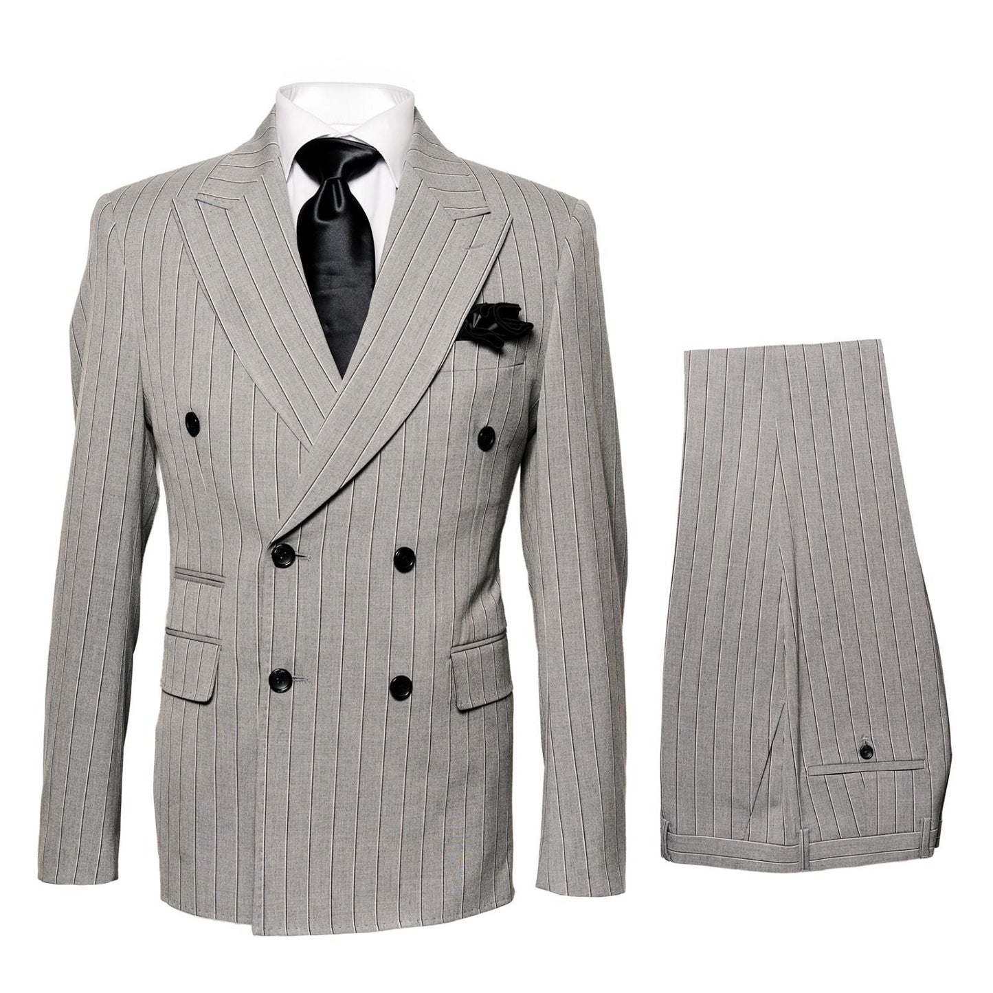 Men’s Grey and Black Pinstripe Double-Breasted Suit – 1920s Gangster Vintage Looking suit By Rossiman