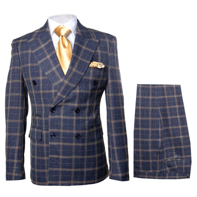 Men’s Navy and Tan Windowpane Double-Breasted Suit | Classic 2-Piece Plaid Dress Suit, Business, and Formal Events By Rossiman 12   - from alligatorwarehouse.com