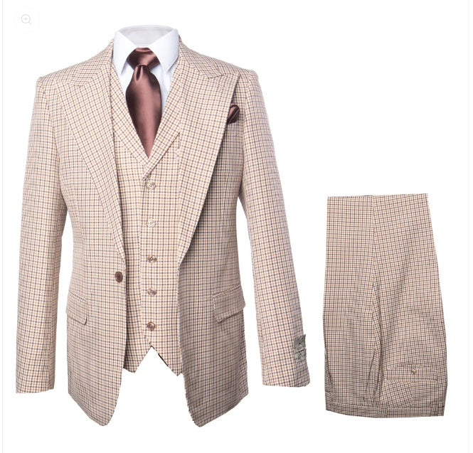 Men’s Beige tan Checkered Three Piece Suit with Classic Fit Wide Leg Pleated Pants by Rossiman khaki color