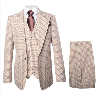Men’s Beige tan Checkered Three Piece Suit with Classic Fit Wide Leg Pleated Pants by Rossiman khaki color